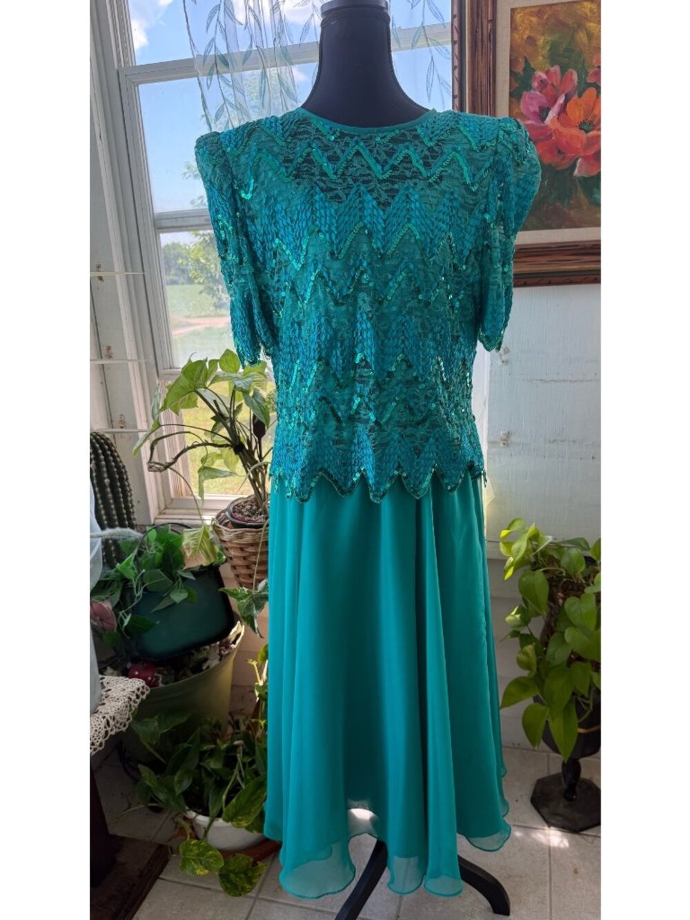Vintage 80s Karen Miller Cocktail Dress Teal Green Sequin Chiffon Lace Sz 16